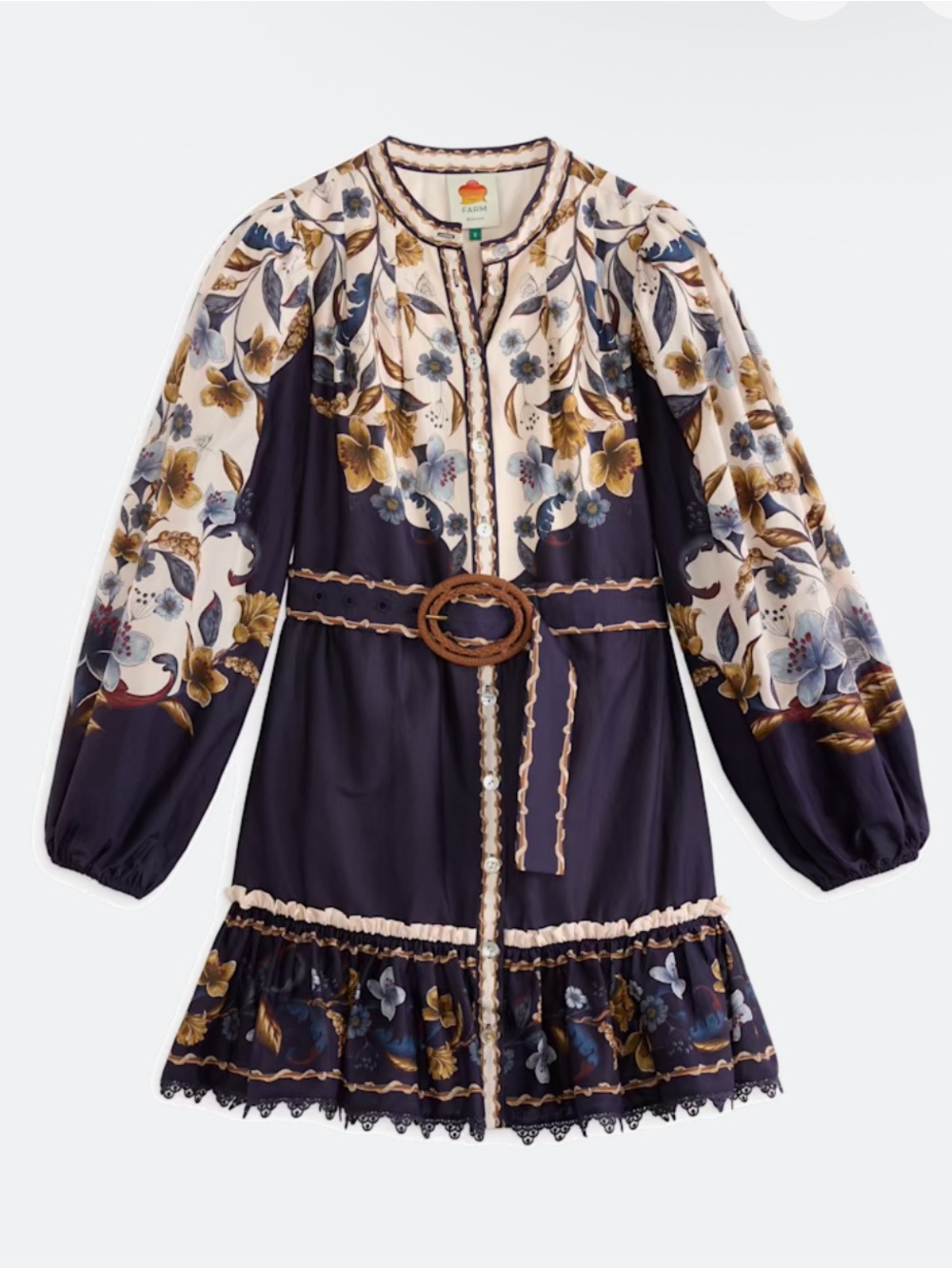 FARM RIO Golden Nature Belted Long Sleeve Mini Dress XS NEW WITH TAGS NWT - Picture 5 of 5
